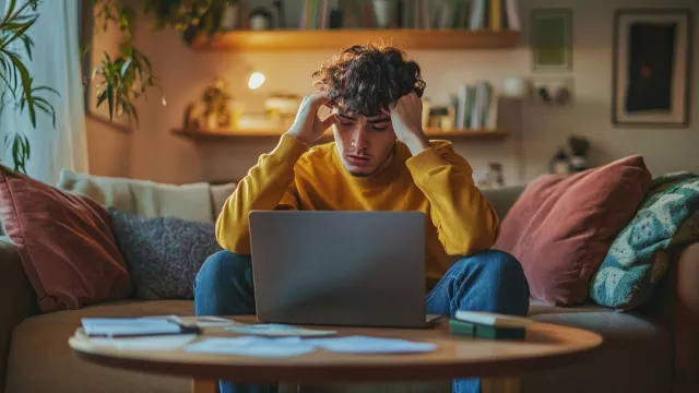 Uživatel zoufale hledí do displeje laptopu
